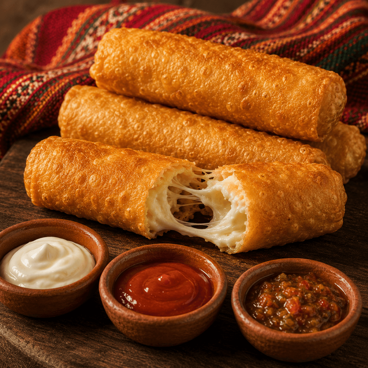 Three Bolivian golden-fried cheese rolls on a dark wood board.
