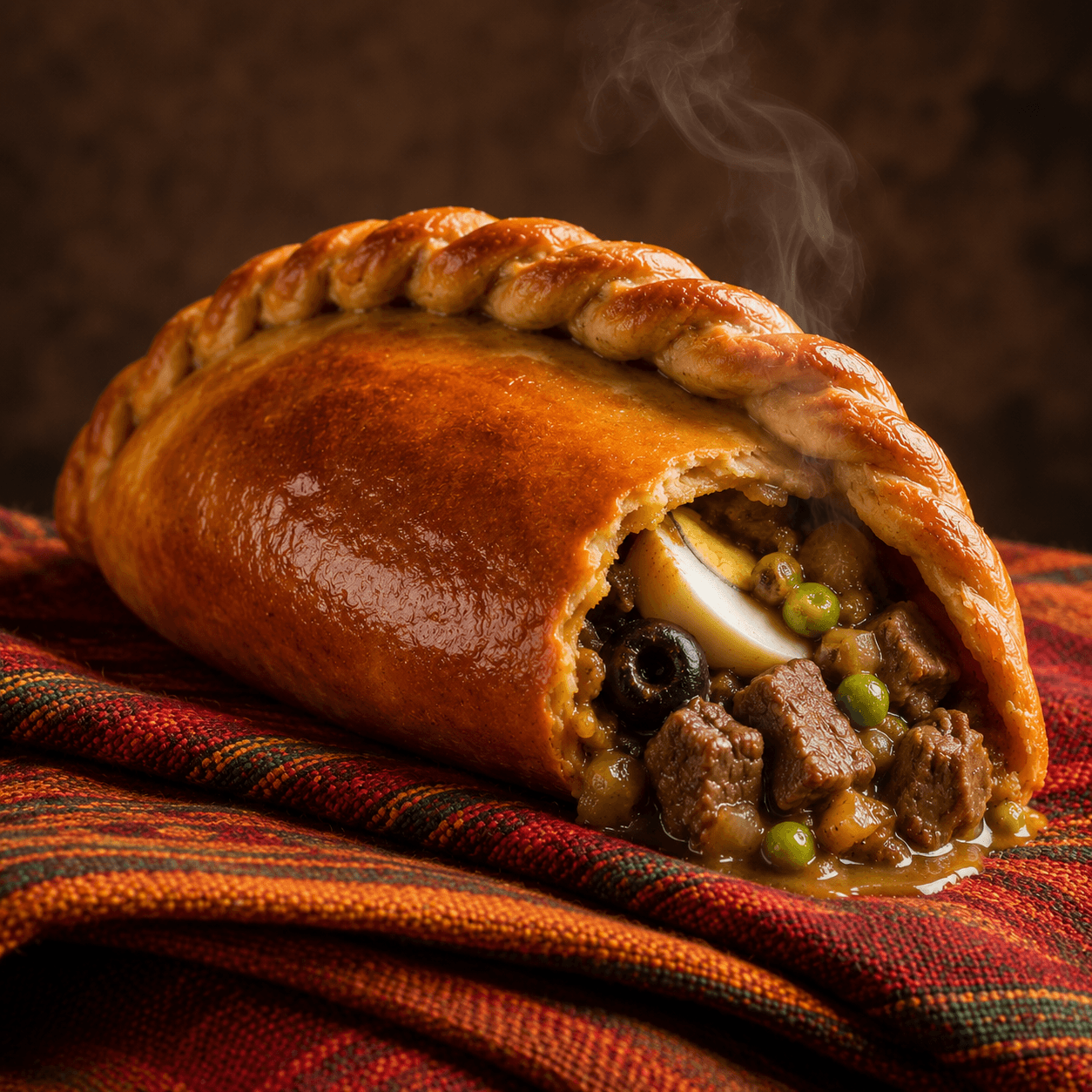 Bolivian beef salteña with a deep golden glossy crust and the traditional repulgue crimp. The open end reveals diced beef, yellow potato, peas, a slice of hard-boiled egg and a black olive in a glistening golden broth. Steam rises above it.