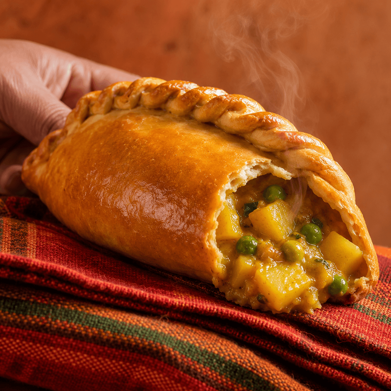 Bolivian vegan salteña with a glossy golden crust and the traditional repulgue crimp along the top. The open end reveals diced yellow potato and green peas in a golden quirquiña-and-ají-amarillo broth. Steam rises gently above a colourful aguayo textile.