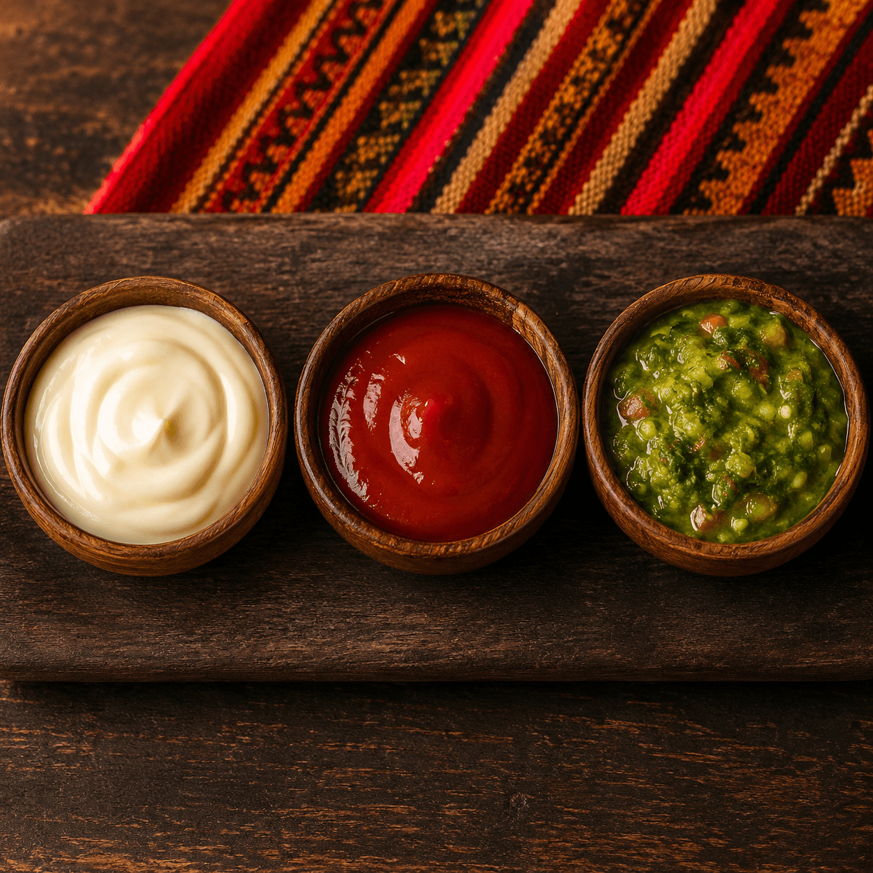 Three small dark wooden bowls on a wooden board. Left to right: creamy white mayonnaise, bright red ketchup, and Bolivian llajua — a green sauce of spicy locoto pepper, tomato and quirquiña. A colorful aguayo textile in the background.